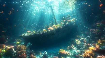 Obraz premium Peaceful Underwater World Featuring an Ancient Shipwreck and Vibrant Coral Reefs