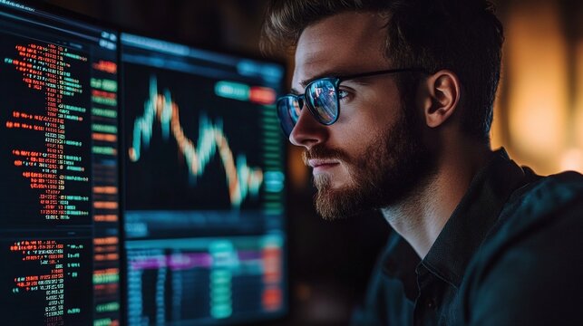 digital finance professional studying a forex and crypto trading chart focusing on blockchain market trends investment planning stock analysis and economic growth strategies
