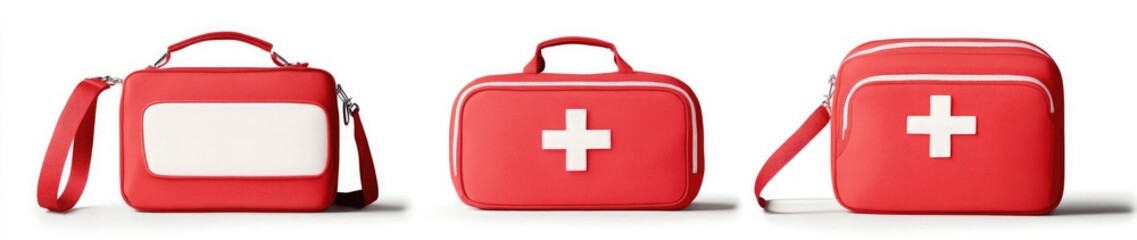 Obraz premium Three different red and white first aid bag designs
