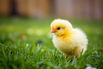 Cute yellow chick on green grass outdoors