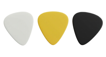 Guitar picks mockup template on isolated white background, 3d illustration, three pieces in white, yellow and black colors.