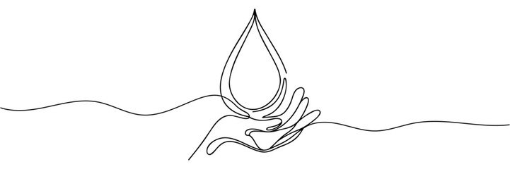 Continuous one line drawing of human hand holding water drop. Blue liquid drop in arm drawn with single line.