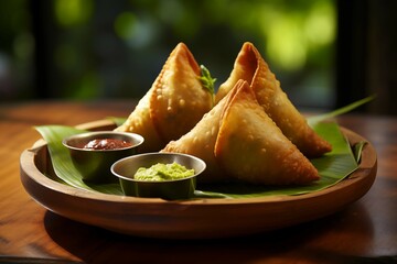Three samosas placed on a banana leaf on a traditional round wooden plate, served with green chutney