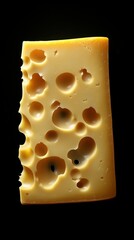 Richly textured yellow cheese with distinct holes on a dark background