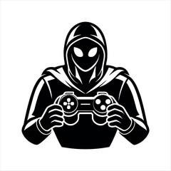 a gamer two hand holding gaming control silhouette radiation warning sign