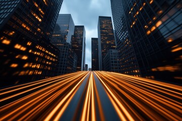 Obraz premium City skyline with illuminated skyscrapers and dynamic light trails during twilight