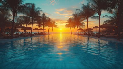 Tropical Pool Sunset Paradise