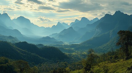 Obraz premium adventure travel in laos mountains with tropical jungle remote trekking trails scenic river valley sunrise over misty hills nature lovers paradise serene mountain scenery untouched beauty