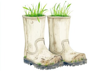 Watercolor elegance gardening boots surrounded by lush green grass nature scene artistic viewpoint eco-friendly concept, isolated on white background