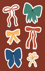 Trendy bow doodle sticker set. Cute aesthetic red, yellow, blue, green ribbons. Flat elements for scrapbooking. Hand drawn illustration isolated on dark red background.