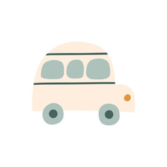 Bohemian baby car doodle. Simple childish boho beige toy for nursery, print, poster, card. Cartoon nordic illustration for children. Hand drawn illustration isolated on white background.