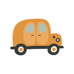 Bohemian baby car doodle. Simple childish boho orange toy for nursery, print, poster, card. Cartoon nordic illustration for children. Hand drawn illustration isolated on white background.