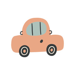 Bohemian baby element doodle. Simple childish boho pink car for nursery, print, poster, card. Cartoon nordic illustration for children. Hand drawn illustration isolated on white background.