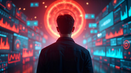 Advanced technology control center featuring central figure futuristic interface and vibrant red blue data displays in sci-fi setting