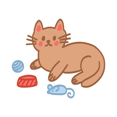 Cute cat doodle style. Simple funny playful character for card, print, banner, poster, template. Cartoon illustration for children. Hand drawn illustration isolated on white background.