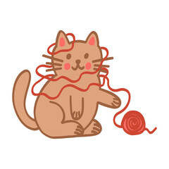 Cute cat doodle style. Simple happy playful character for card, print, banner, poster, template. Cartoon illustration for children. Hand drawn illustration isolated on white background.