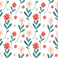 Trendy floral seamless pattern. Simple red and beige daisy. Spring flower template for packaging, postcards, textile printing, wallpaper. Hand drawn illustration isolated on white background.