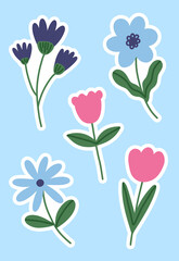 Trendy spring flower doodle stickers. Flat simple spring childish flowers for scrapbooking. Cartoon vertical illustration for children. Hand drawn illustration isolated on blue background.