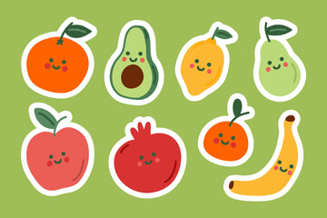Cute fruit doodle sticker set. Smile simple apple, lemon, pomegranate, mandarin, orange, pear, avocado, banana. Cartoon characters for children. Hand drawn illustration isolated on green background.