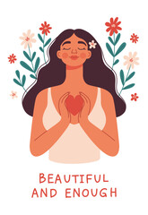 A girl among flowers hugs a heart. Happy smile women. Spring card, poster, banner. Self love, care, harmony, mental health, positive concept. Hand drawn illustration isolated on white background.