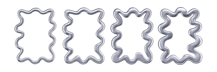 3d chrome wavy frames isolated on a dark background. Render of rectangular silver scallop border in trendy y2k style for modern posters, photos, banners or interior. Chrome squiggle mirror. 3d vector