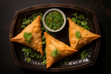 Top view of crispy triangular samosas on a matte dark plate with fresh cilantro leaves on a dark background