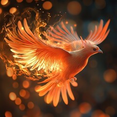 Obraz premium Fiery Bird Rising from Flames in Dark Background Illuminated Glow