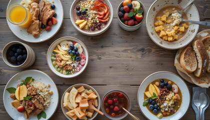 Colorful Variety Of Healthy Dishes On Wooden Table