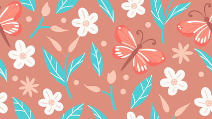 Colorful floral and butterfly pattern on coral background, vibrant nature illustration, copy space