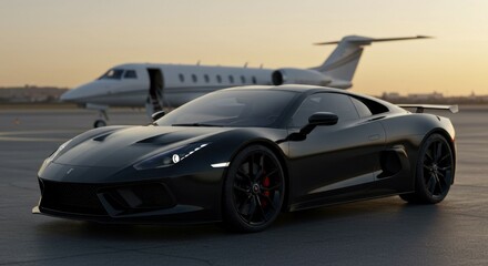 A prestigious black luxury car standing in front of a private jet, emphasizing elite lifestyle.