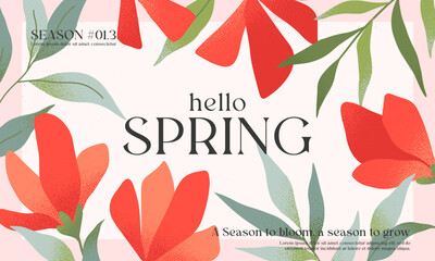 Spring elegant illustration with red blooming flowers and green plants.Typography banner template with florals.Creative seasonal background for holidays prints,invitations,promos,covers,greetings