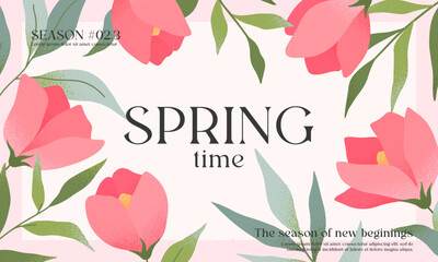Spring elegant illustration with pink roses and green plants.Modern typography banner template with florals.Creative seasonal background for holidays prints,invitations,offers,covers,greetings