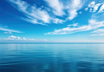 Fototapeta premium Calm Ocean Surface With Clear Blue Sky and Soft Clouds Reflecting Serenity and Peaceful Nature in a Beautiful Coastal Landscape Scene
