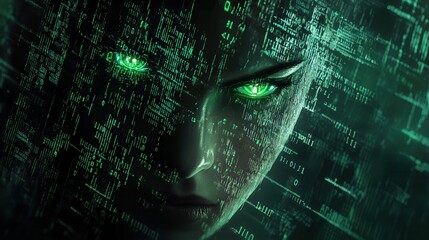 A digital artwork portraying a mysterious figure with glowing green eyes, surrounded by streams of binary code, symbolizing the intersection of humanity and technology.