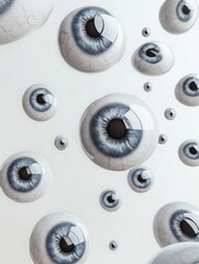 Obraz premium Abstract collection of different sized grey eyeballs on light background. 3D Rendering