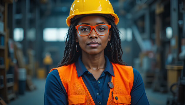 African American Woman Construction Worker in Safety Gear, Serious and Focused