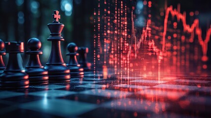 Chess Pieces on Checkerboard Facing Volatile Red Stock Market Graph Conceptual Business Strategy