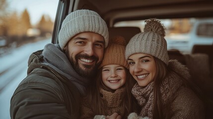 Fototapeta premium Winter Family Selfie in Van