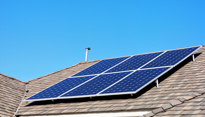 Solar panels absorbing sunlight on rooftop under clear blue sky, sustainability