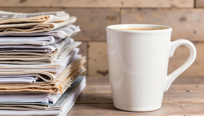 Caffeine boost beside stacked newspapers on wooden table, morning ritual