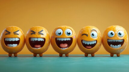 Five laughing orange emojis expressing different emotions on orange background