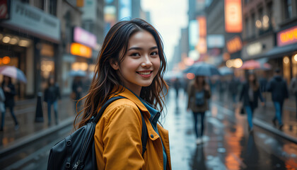 Fototapeta premium young woman smiling in rain on busy city street with glowing lights and reflections