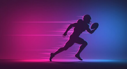 American Football Player in Motion - Silhouette of a fast-moving American football player, dynamic pose, purple and blue gradient background