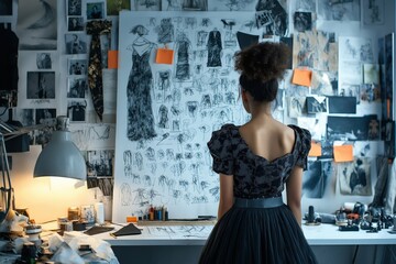 Fashion Designer Studio: Creative Workspace with Sketches, Illustrations, and Elegant Black Dress