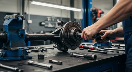 Auto Mechanic Repairing Rear Axle - Close-up of a mechanic working on a vehicle's rear axle, using various tools in a well-lit auto repair shop