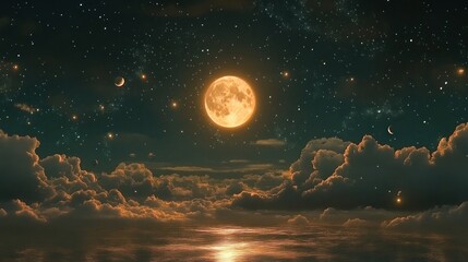 Full moon, starry night, clouds, celestial