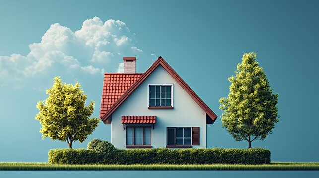 Charming white house with lush greenery and a clear blue sky.