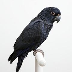 Fototapeta premium Black Lory Parrot on Perch - A striking black lory parrot perched on a white stand against a white background. Its dark plumage and bright eyes are captivating
