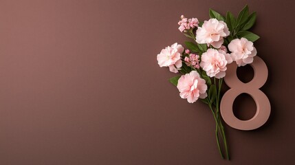 Fototapeta premium Elegant soft velvet number eight surrounded by pale pink gardenias on a rich mocha background with ample copyspace for various uses