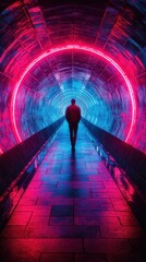 Bright neon tunnel with a silhouette walking through vibrant colors in an urban setting at night